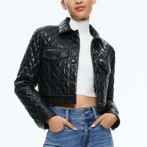 Alice + Olivia Black Quilted Vegan  Cropped Jacket